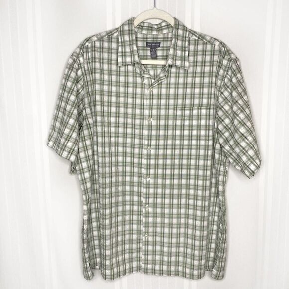 Van Heusen AIR Short Sleeve Plaid Crinkle Button Down Shirt XL Green White Men's - Picture 1 of 10